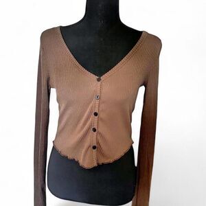 Dazy Brown Ribbed Knit V-Neck Button Up Top - Size XL